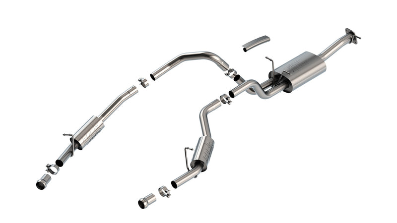 Borla ATAK Cat-Back Exhaust System, full system on a studio background: cat-back exhaust system laid out on a white background with two mufflers and dual rear-exit polished tips