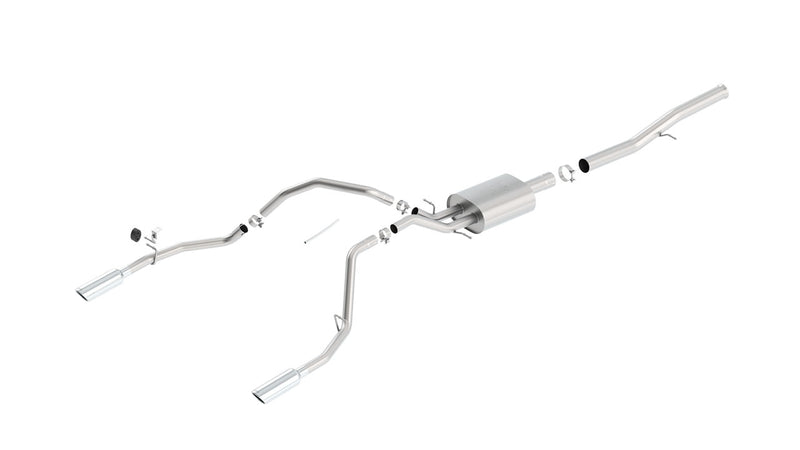 Borla ATAK Cat-Back Exhaust System, full system on a studio background: stainless cat-back exhaust laid out with a muffler, long pipes, clamps and two polished tips on a white background