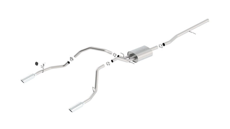 Borla ATAK Cat-Back Exhaust System, full system on a studio background: stainless cat-back exhaust laid out with a muffler, long pipes, clamps and two polished tips on a white background