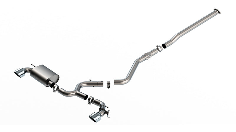 Borla ATAK Cat-Back Exhaust System, full system on a studio background: stainless cat-back exhaust laid out with a rear muffler, mid pipes, clamps and two polished tips on a white background