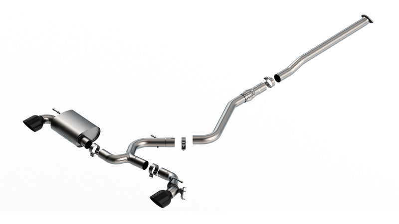 Borla ATAK Cat-Back Exhaust System, full system on a studio background: stainless cat-back exhaust laid out with a rear muffler, mid pipes, clamps and two black chrome tips on a white background