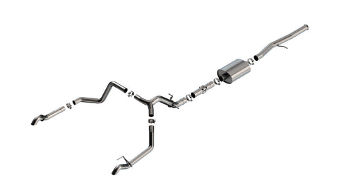 Borla ATAK Cat-Back Exhaust System, full system on a studio background: stainless cat-back exhaust on white with a single muffler and a split to dual rear exits with polished tips