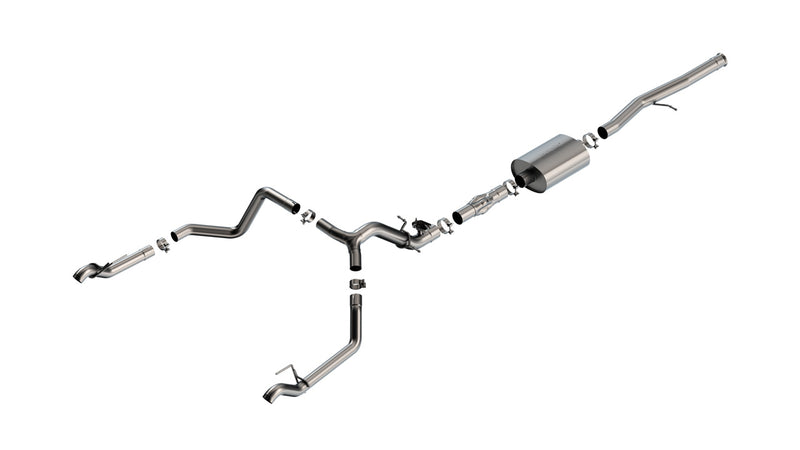 Borla ATAK Cat-Back Exhaust System, full system on a studio background: stainless cat-back exhaust with a muffler and split dual exits ending in polished tips, laid out on white