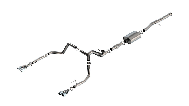 Borla ATAK Cat-Back Exhaust System, full system on a studio background: stainless cat-back exhaust with a muffler and split dual exits ending in polished tips, laid out on white