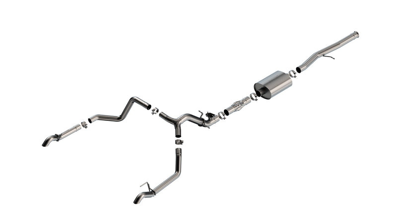 Borla ATAK Cat-Back Exhaust System, full system on a studio background: stainless cat-back exhaust with a muffler and split dual exits ending in polished tips, laid out on white