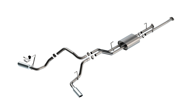 Borla ATAK Cat-Back Exhaust System, full system on a studio background: stainless cat-back exhaust with a muffler and split dual exits ending in polished tips, laid out on white