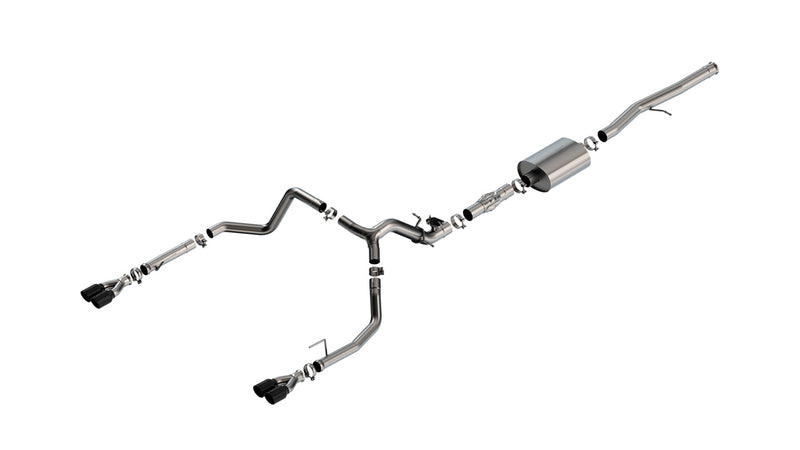 Borla ATAK Cat-Back Exhaust System, full system on a studio background: stainless cat-back exhaust with a muffler and split dual exits ending in black chrome tips, laid out on white