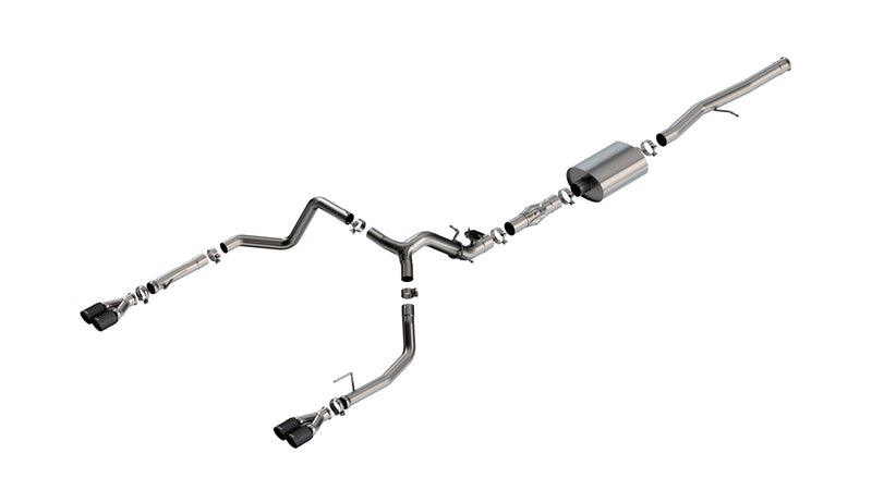 Borla ATAK Cat-Back Exhaust System, full system on a studio background: stainless cat-back exhaust with a muffler and split dual exits ending in dark finish tips, laid out on white