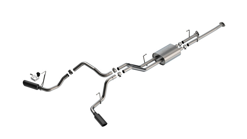 Borla ATAK Cat-Back Exhaust System, full system on a studio background: stainless cat-back exhaust with a muffler and split dual exits ending in black chrome tips, laid out on white