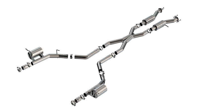 Borla ATAK Cat-Back Exhaust System, full system on a studio background: stainless cat-back exhaust with an X-pipe and two rear mufflers, ending in polished tips on each side, on white