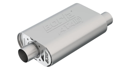Borla ATAK CrateMuffler for GM Small Block High Output (350/383/406 CID), whole part on a studio background: brushed stainless oval Borla ATAK CrateMuffler with offset inlet on a white background