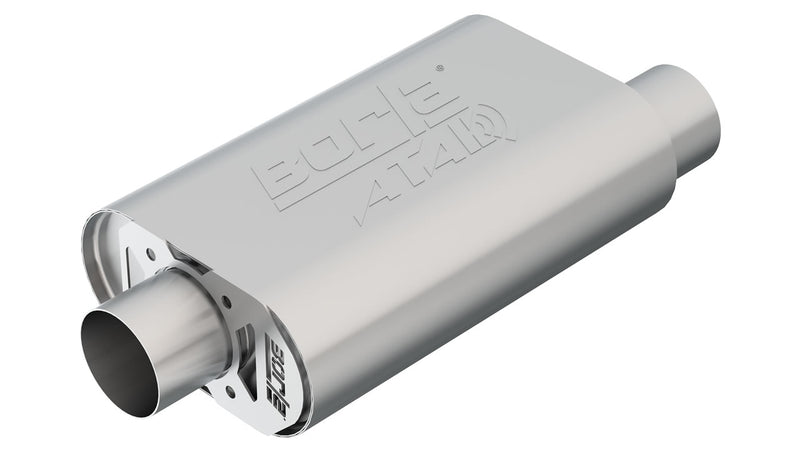 Borla ATAK CrateMuffler for GM Small Block High Output (350/383/406 CID), whole part on a studio background: brushed stainless oval Borla ATAK CrateMuffler with offset inlet on a white background
