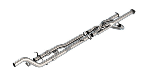 Borla ATAK Mid-Section Exhaust System, full system on a studio background: stainless mid-section exhaust pipes with a crossover section and dual outlets, laid out on white with clamps