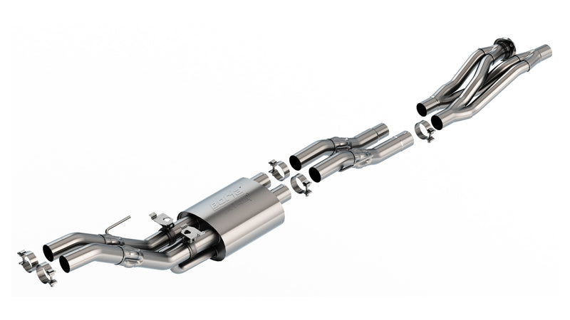 Borla ATAK Mid-Section Exhaust System, full system on a studio background: stainless mid-section exhaust with an X-pipe, single muffler and dual outlets with clamps on a near-white background