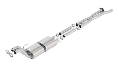 Borla ATAK Mid-Section Exhaust System, full system on a studio background: stainless mid-section exhaust with front pipes, a single large muffler and dual outlet pipes with clamps, laid out on white