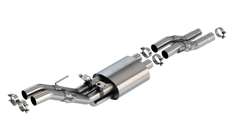 Borla ATAK Mid-Section Exhaust System, full system on a studio background: stainless mid-section exhaust with twin pipes into a single muffler and dual outlets, clamps included, on white