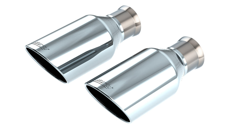 Borla Exhaust Tip Kit, complete kit on a studio background: A pair of polished stainless angle-cut exhaust tips with slip-fit inlets on a white background