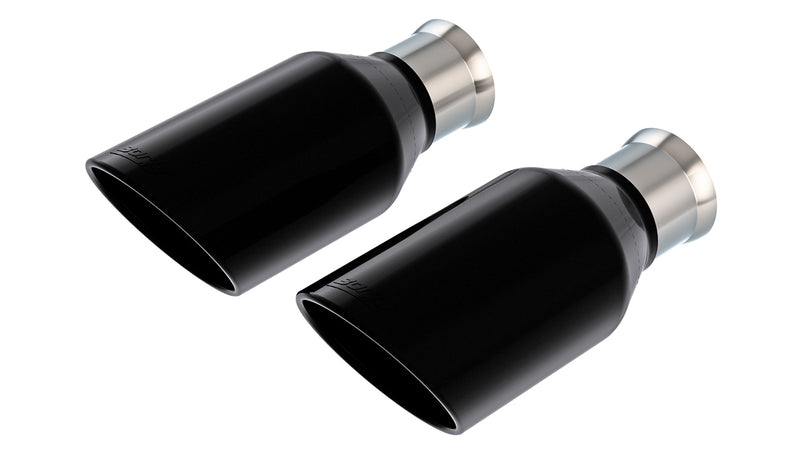 Borla Exhaust Tip Kit, complete kit on a studio background: two angle-cut black chrome exhaust tips with stainless inlets on a white background