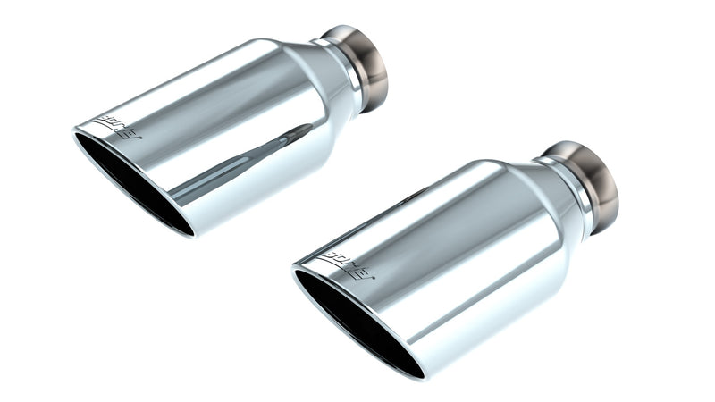 Borla Exhaust Tip Kit, complete kit on a studio background: two angle-cut polished stainless exhaust tips on a white background