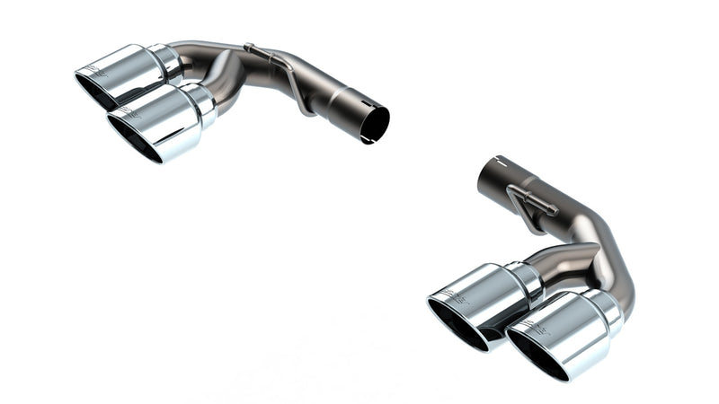 Borla Exhaust Tip Kit, complete kit on a studio background: two polished stainless dual-outlet exhaust tip assemblies with bent connecting pipes on a white background