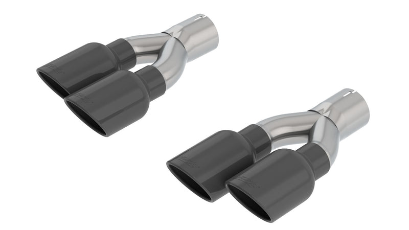 Borla Exhaust Tip Kit, complete kit on a studio background: two Y-pipe tip assemblies, each with two black chrome angle-cut tips, on a white background