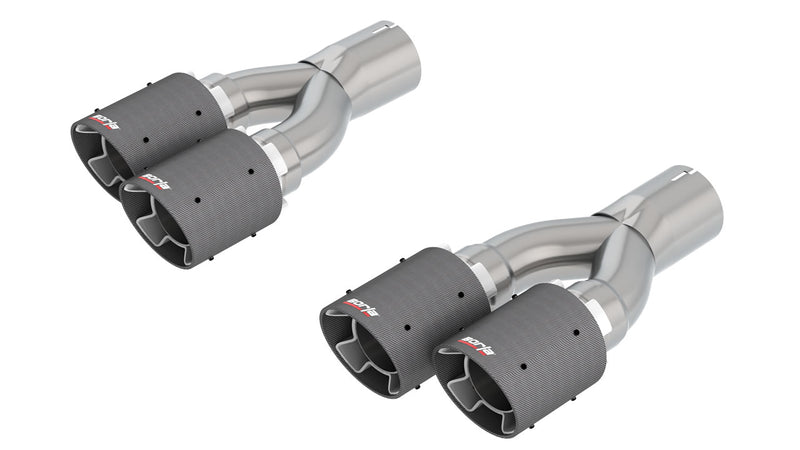 Borla Exhaust Tip Kit, complete kit on a studio background: two Y-pipe tip assemblies, each with two carbon fiber tips with a small Borla logo, on a white background
