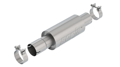 Borla Front Resonator, whole part on a studio background: stainless Borla front resonator with an inlet pipe and two band clamps on a white background