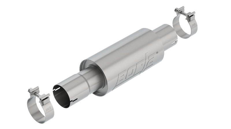 Borla Front Resonator, whole part on a studio background: stainless Borla front resonator with an inlet pipe and two band clamps on a white background