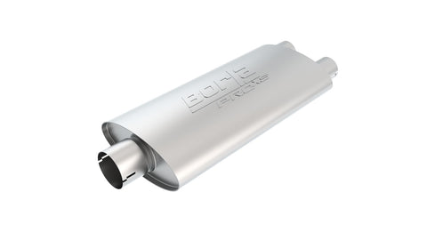 Borla ProXS Universal Muffler, whole part on a studio background: oval stainless ProXS universal muffler with Borla ProXS embossed on top, on white (representative image; this part's inlet and outlet layout is listed in the Specifications)