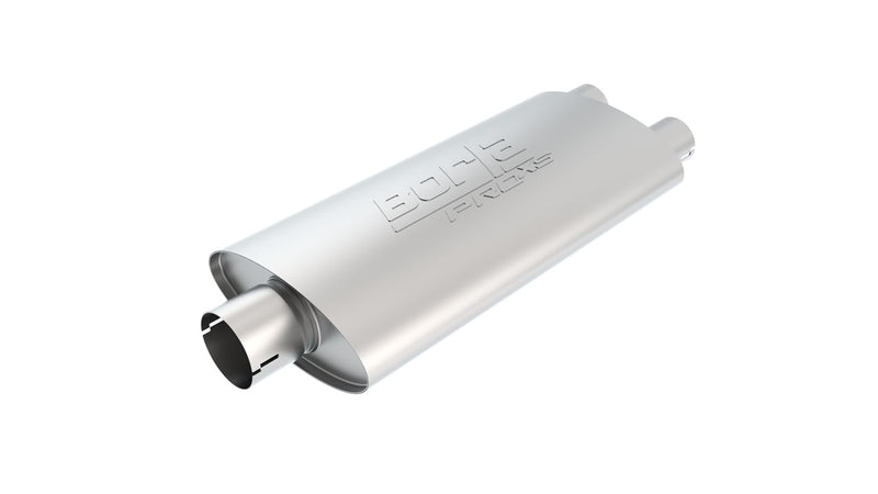 Borla ProXS Universal Muffler, whole part on a studio background: oval stainless ProXS universal muffler with Borla ProXS embossed on top, on white (representative image; this part's inlet and outlet layout is listed in the Specifications)