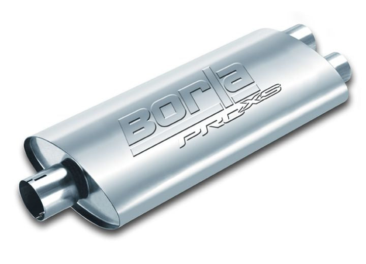 Borla ProXS Universal Muffler, whole part on a studio background: oval stainless ProXS universal muffler with Borla ProXS embossed on top, on white (representative image; this part's inlet and outlet layout is listed in the Specifications)