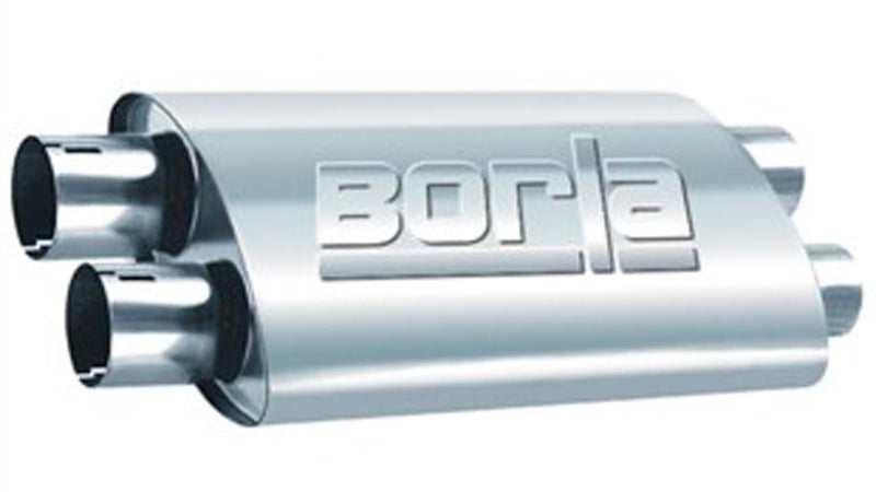 Borla ProXS Universal Muffler, whole part on a studio background: oval stainless universal muffler with dual inlets and dual outlets, Borla embossed on the case, on white