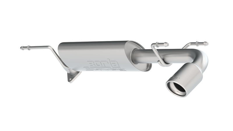 Borla S-Type Axle-Back Exhaust System, full system on a studio background: A stainless axle-back exhaust with a Borla-stamped muffler and one polished tip on white