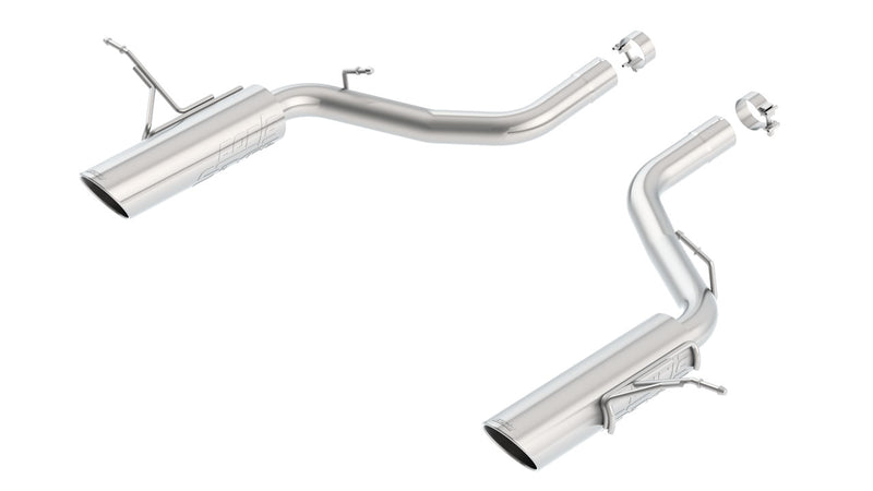 Borla S-Type Axle-Back Exhaust System, full system on a studio background: two stainless axle-back pipe sections with integrated mufflers and polished tips laid out on white