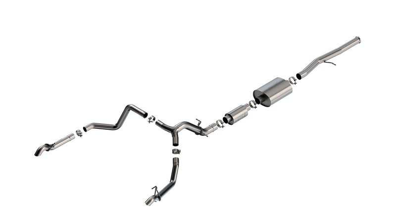 Borla S-Type Cat-Back Exhaust System, full system on a studio background: A stainless cat-back exhaust with one muffler splitting to two plain outlets on a white background