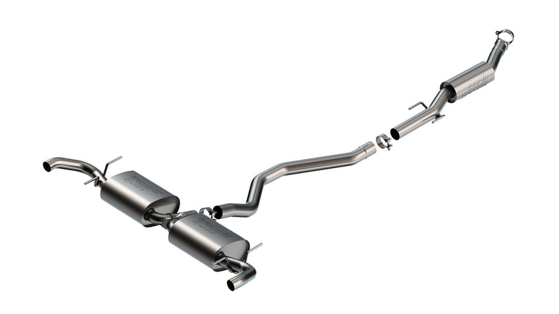 Borla S-Type Cat-Back Exhaust System, full system on a studio background: A stainless cat-back exhaust with two rear mufflers and a long mid pipe on a white background