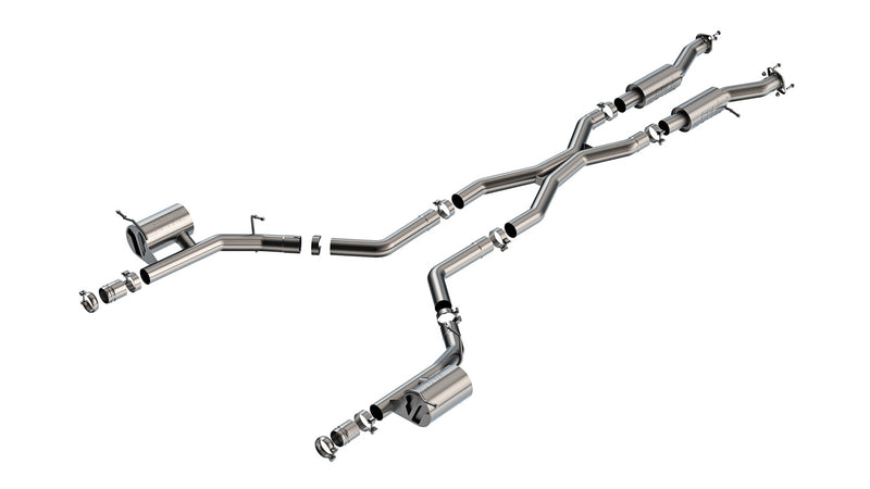 Borla S-Type Cat-Back Exhaust System, full system on a studio background: A stainless dual cat-back exhaust with an X-pipe and two mufflers ending in plain pipe outlets on a white background. Title is a cat-back; pixels show the system but no tips