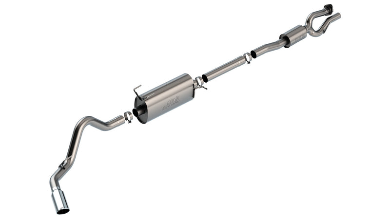 Borla S-Type Cat-Back Exhaust System, full system on a studio background: Borla single-exit cat-back exhaust system with one muffler and a polished tip laid out on white