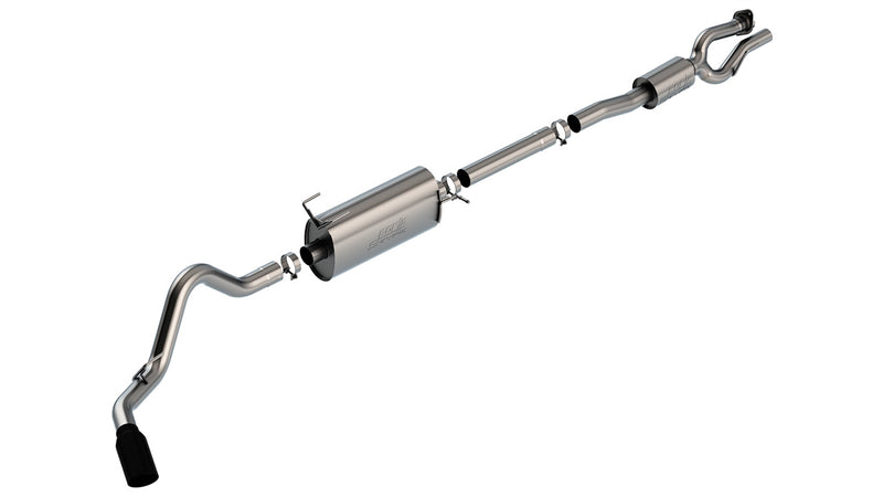 Borla S-Type Cat-Back Exhaust System, full system on a studio background: Borla single-exit cat-back exhaust system with one muffler and a black tip laid out on white