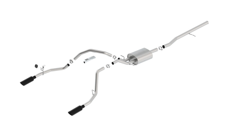 Borla S-Type Cat-Back Exhaust System, full system on a studio background: cat-back exhaust system laid out on a white background with one muffler and dual rear-exit black chrome tips