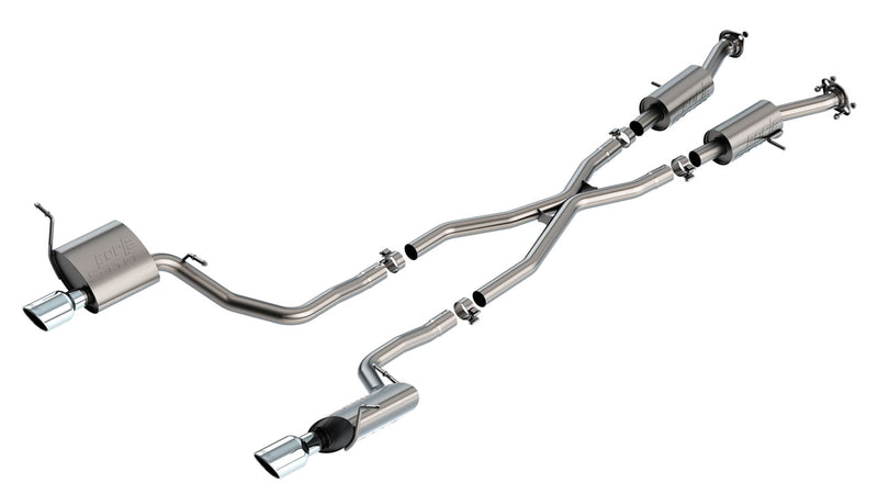 Borla S-Type Cat-Back Exhaust System, full system on a studio background: dual-exit stainless cat-back with an X-pipe, two front resonators and two rear mufflers with polished tips on white
