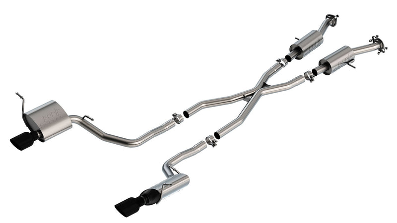Borla S-Type Cat-Back Exhaust System, full system on a studio background: dual-exit stainless cat-back with an X-pipe, two front resonators and two rear mufflers with black chrome tips on white