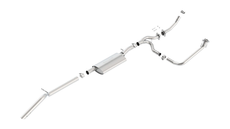 Borla S-Type Cat-Back Exhaust System, full system on a studio background: exploded stainless cat-back system with a Y-pipe inlet, one muffler and a long tailpipe, on white