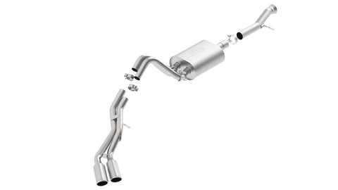 Borla S-Type Cat-Back Exhaust System, full system on a studio background: exploded stainless cat-back system with one muffler and twin polished tips on a single side exit, on white