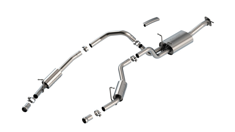 Borla S-Type Cat-Back Exhaust System, full system on a studio background: exploded studio view of a dual-exit stainless cat-back with a main muffler, two rear mufflers, split pipes, clamps and two polished tips on white