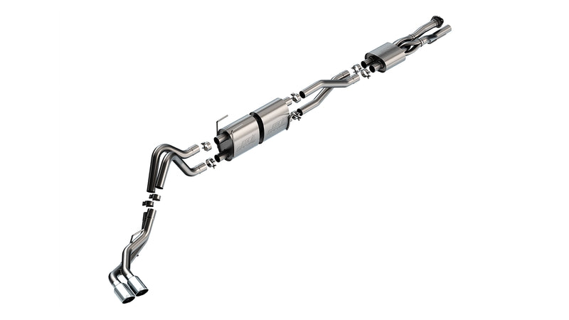 Borla S-Type Cat-Back Exhaust System, full system on a studio background: exploded studio view of a stainless cat-back with a crossover front pipe, two mufflers, long pipes and dual polished side-by-side tips on white