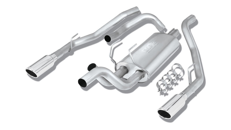 Borla S-Type Cat-Back Exhaust System, full system on a studio background: stainless cat-back system with one muffler, branched pipes, clamps and two polished oval tips on white; layout differs from the rear-exit Ram render for this SKU