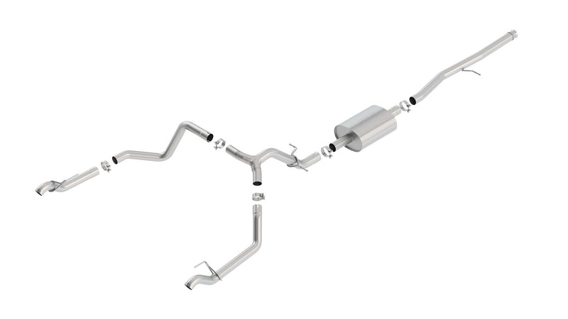 Borla S-Type Cat-Back Exhaust System, full system on a studio background: studio render of a stainless dual split rear exit cat-back exhaust with a single muffler and polished tips on a white background