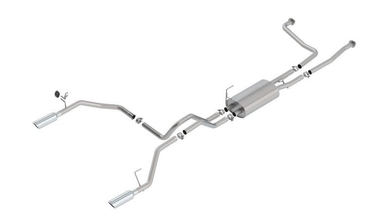 Borla S-Type Cat-Back Exhaust System, full system on a studio background: studio render of a stainless dual split rear exit cat-back exhaust with one muffler and polished angle-cut tips on a white background