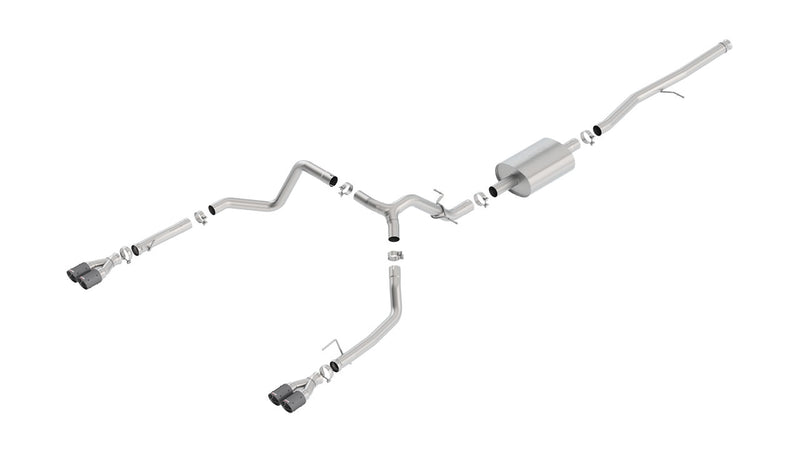 Borla S-Type Cat-Back Exhaust System, full system on a studio background: studio render of a stainless dual split rear exit cat-back exhaust with a single muffler and dark carbon fiber tips on a white background